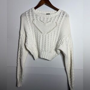 Beverly and Beck Cozy White Cable Knit Cropped Sweater With Heart